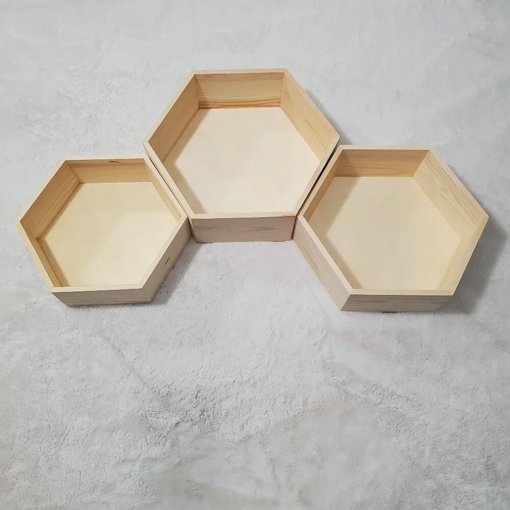 NWT Hexagon Wooden Tray Set Hexagon Wall Shelves Set of 3